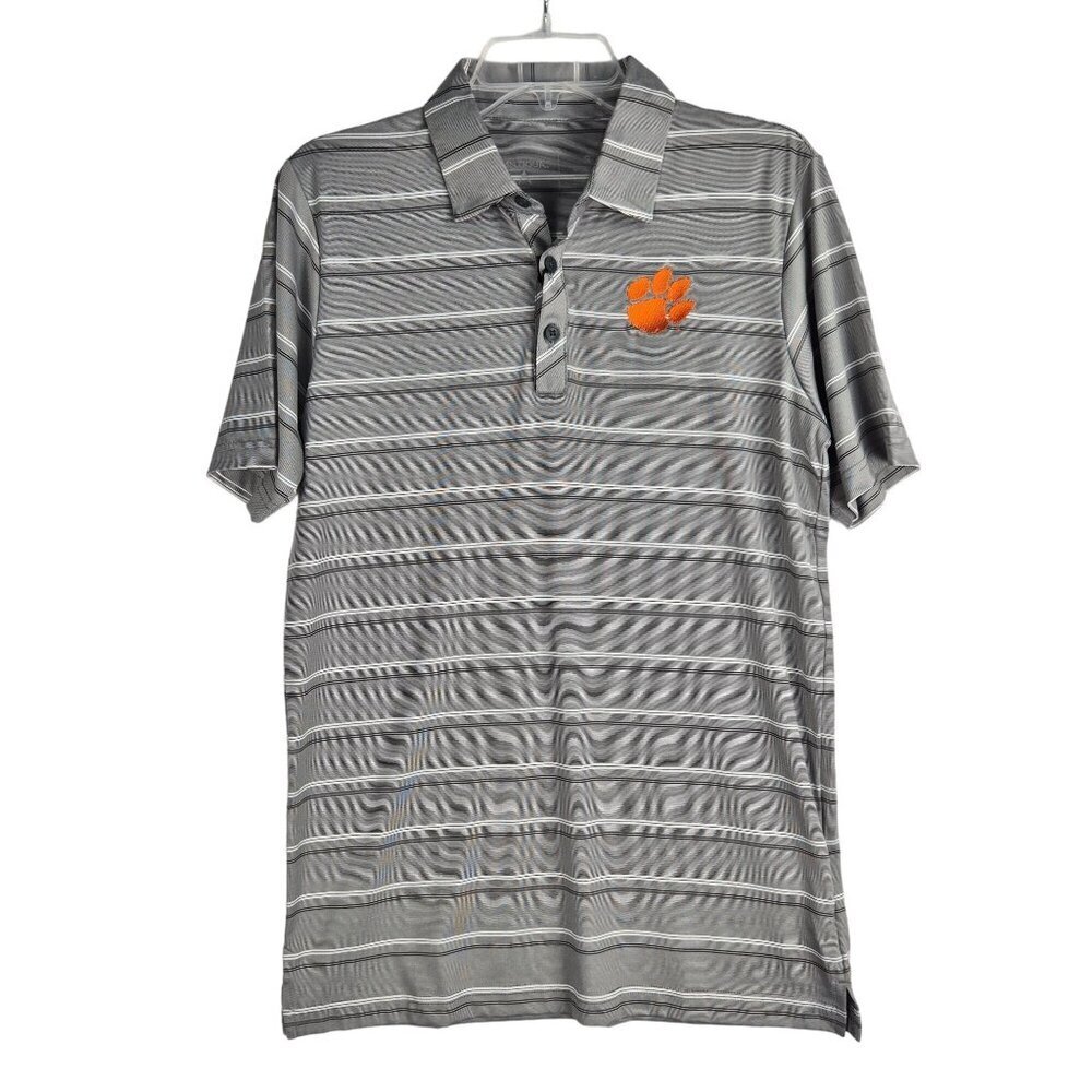 Antigua Men's Sensation Polo Shirt size S Grey With Stripes & Orange Paw Logo